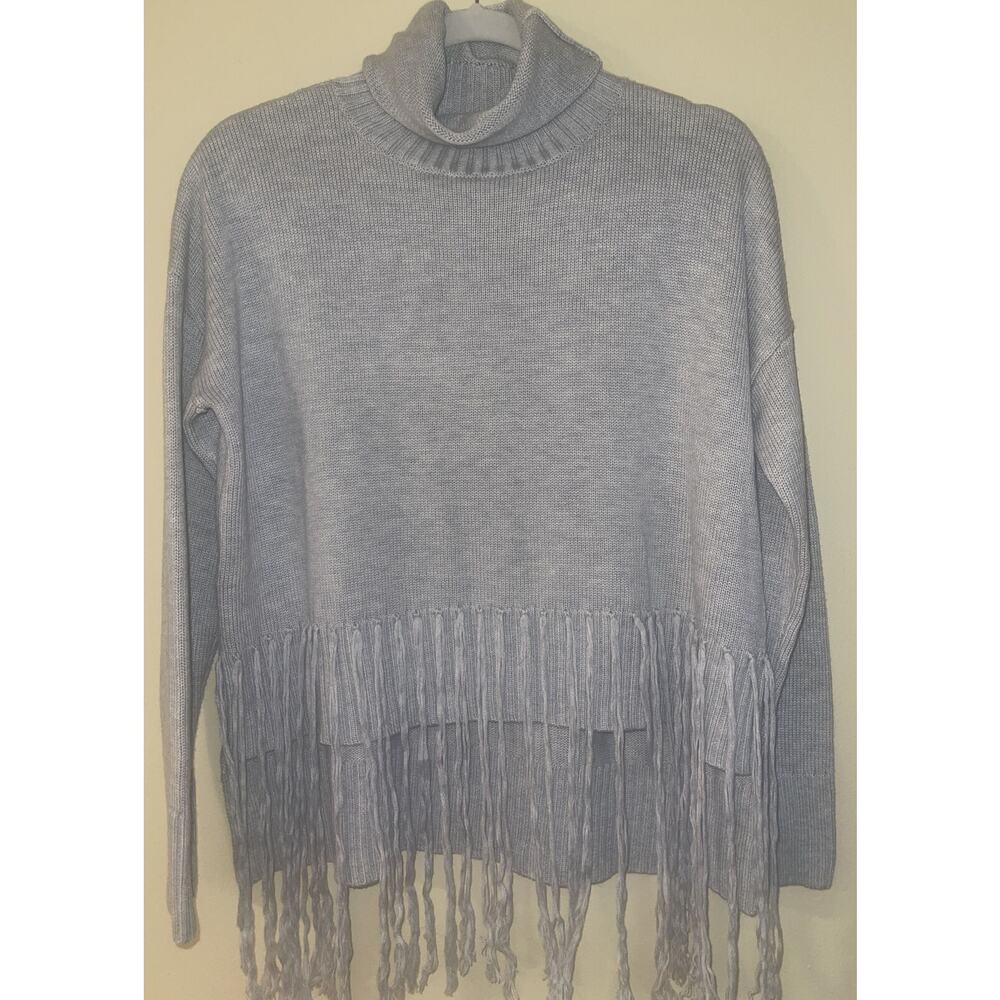 Maglia Light Grey Sweater Turtleneck Fringe XL Soft Cozy Warm‎